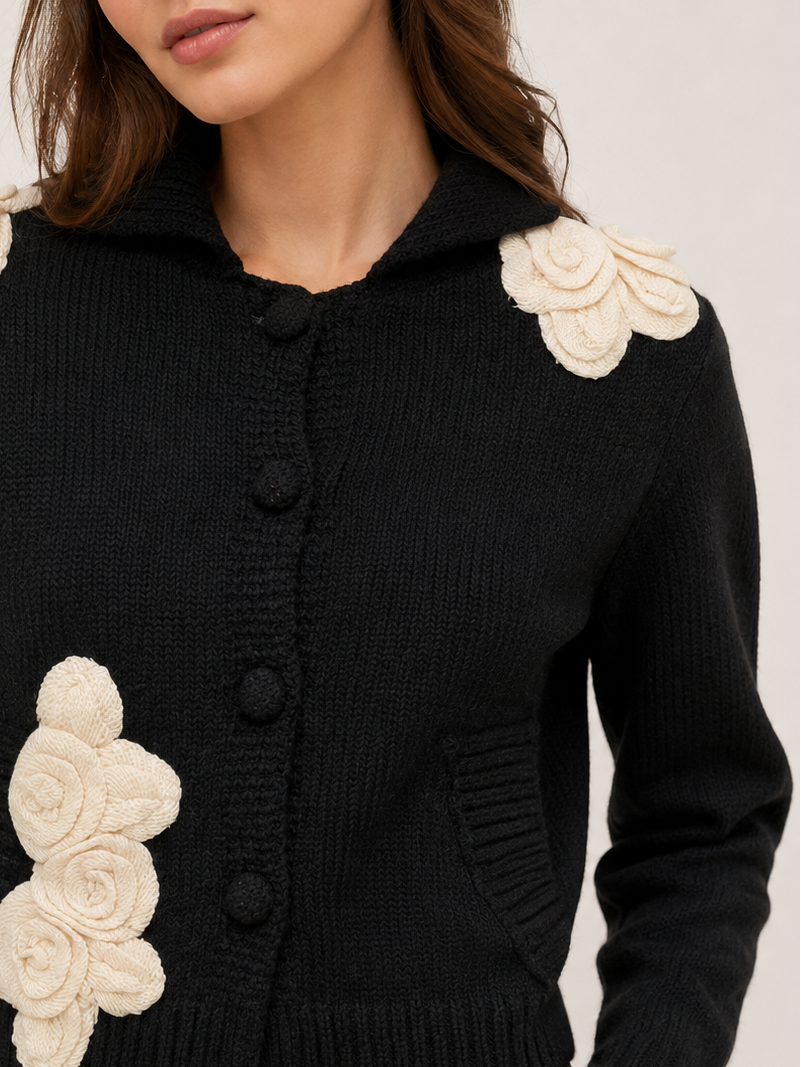 Cardigan Nero con Applicazioni Floreali