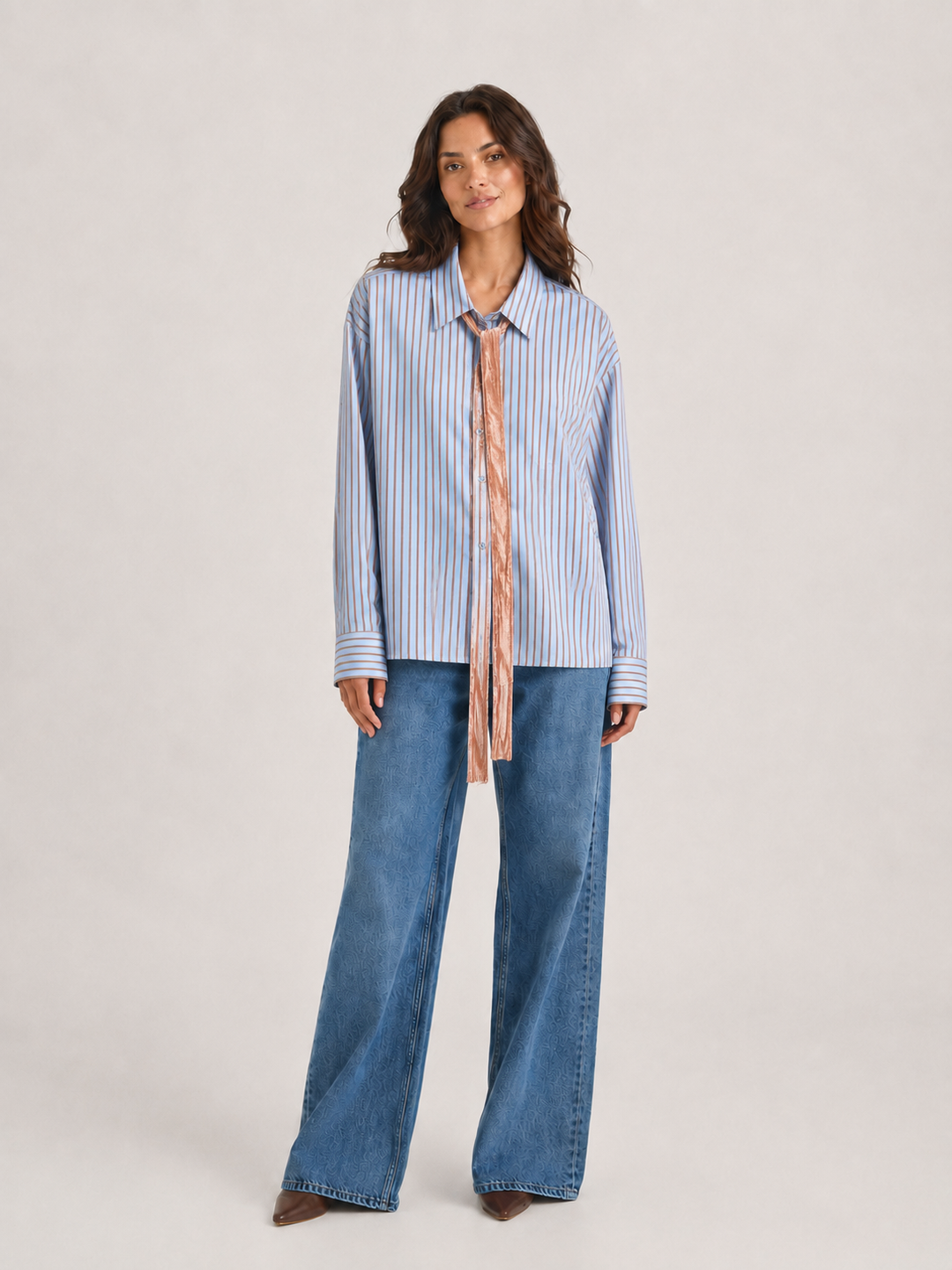 Camicia oversize a righe con nastro in velluto