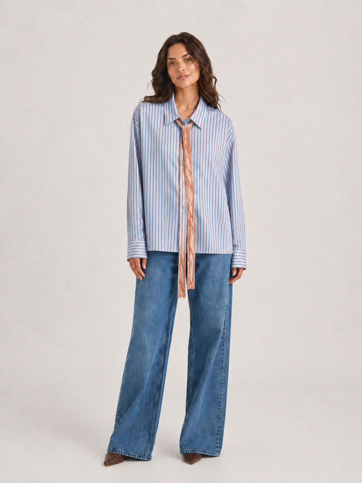 Camicia oversize a righe con nastro in velluto