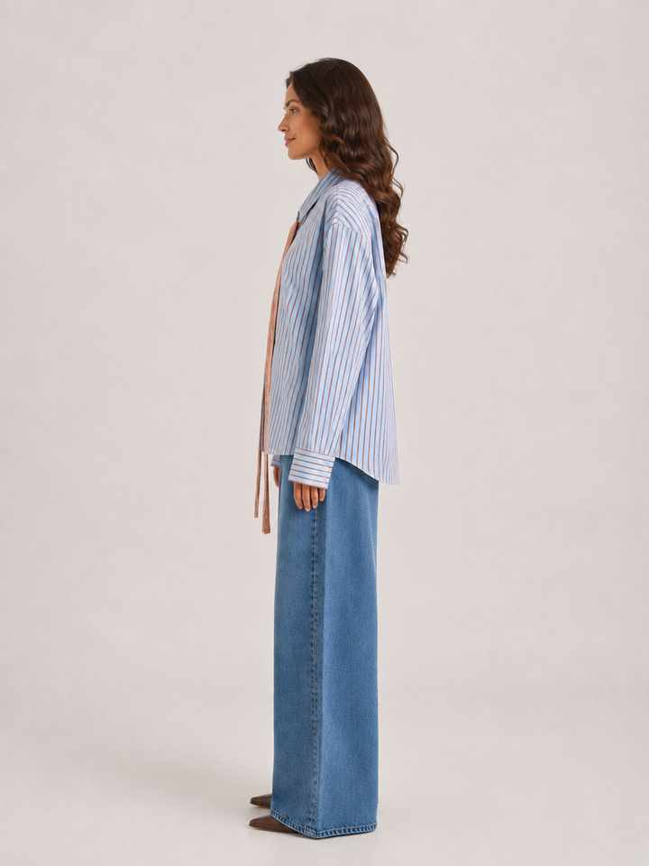 Camicia oversize a righe con nastro in velluto