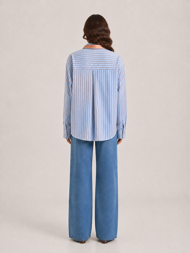 Camicia oversize a righe con nastro in velluto