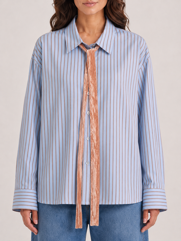 Camicia oversize a righe con nastro in velluto