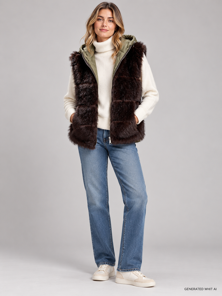 Gilet in ecopelliccia con cappuccio