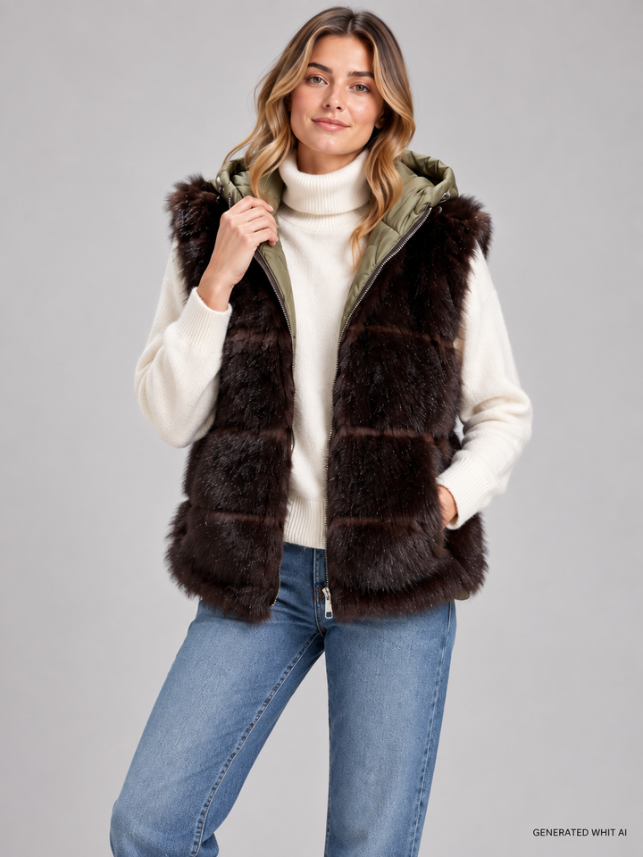 Gilet in ecopelliccia con cappuccio