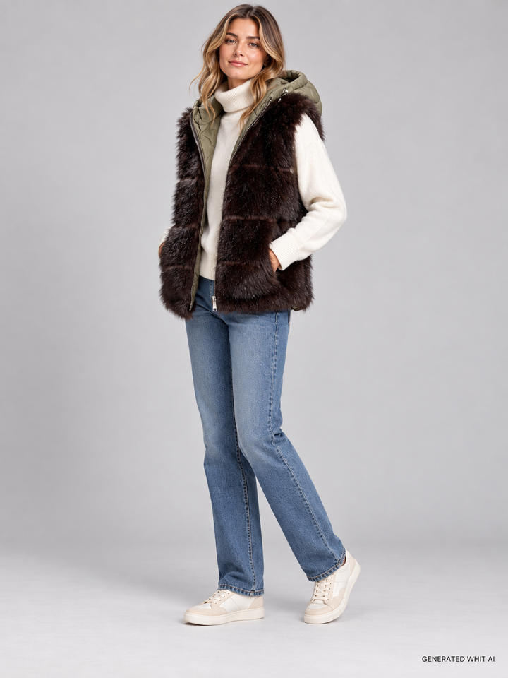 Gilet in ecopelliccia con cappuccio