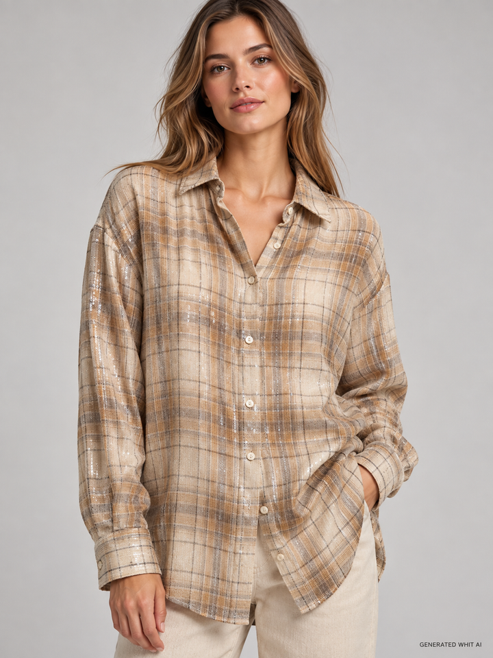 Camicia oversize check con paillettes all over