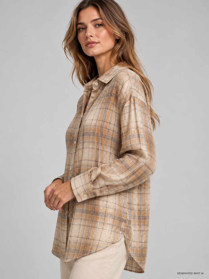 Camicia oversize check con paillettes all over