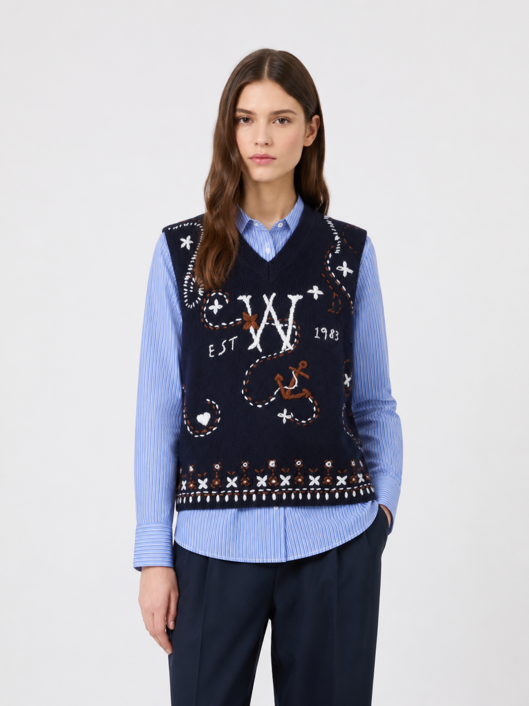 Gilet in Lana Vergine con Ricami Blu Marino