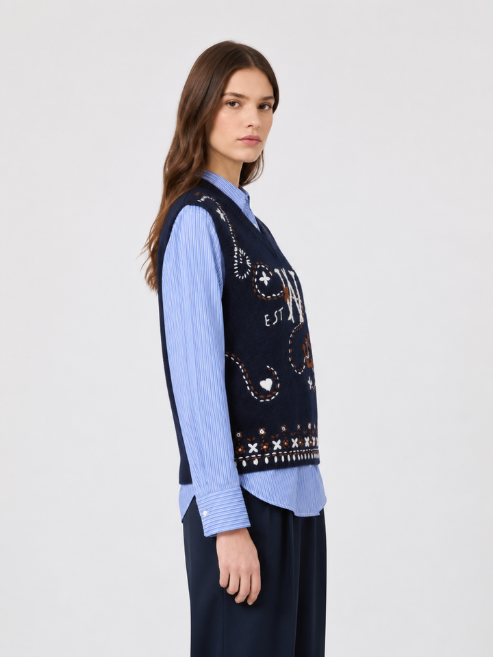Gilet in Lana Vergine con Ricami Blu Marino