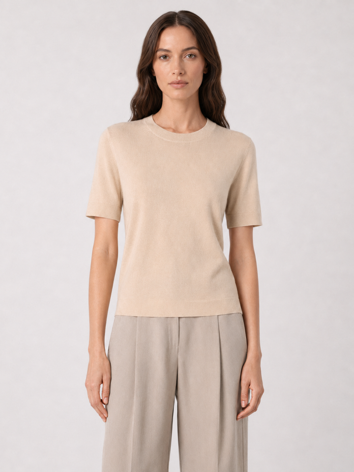 Maglia girocollo beige in lana, seta e cashmere