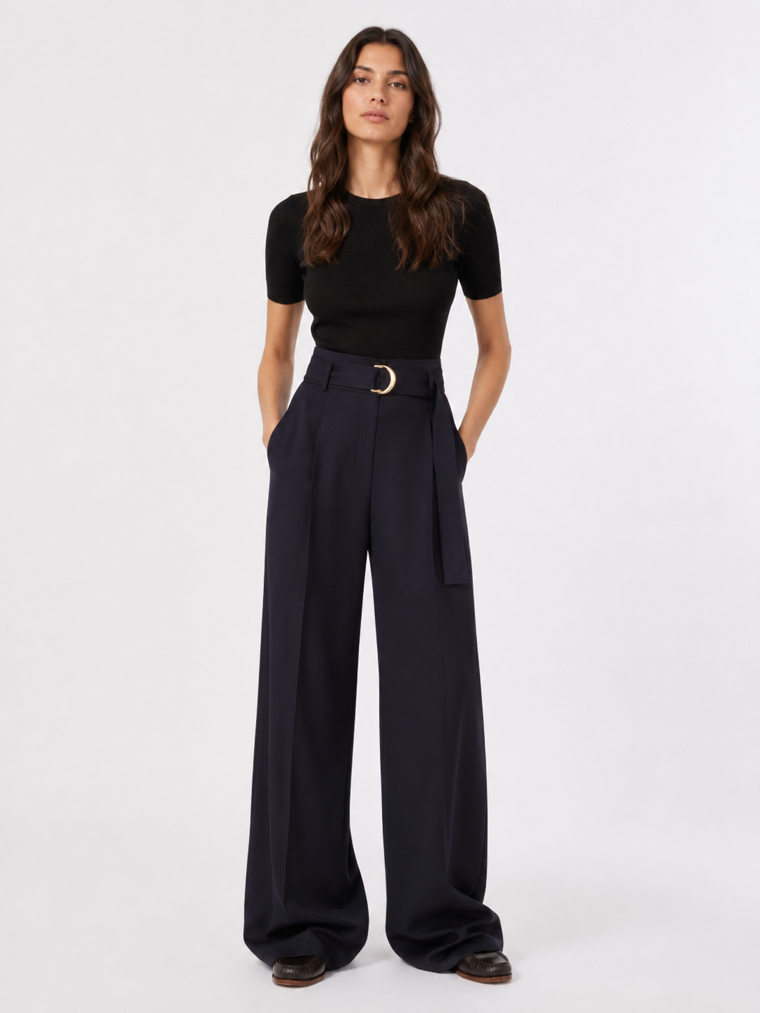 Pantalone wide leg a vita alta in lana