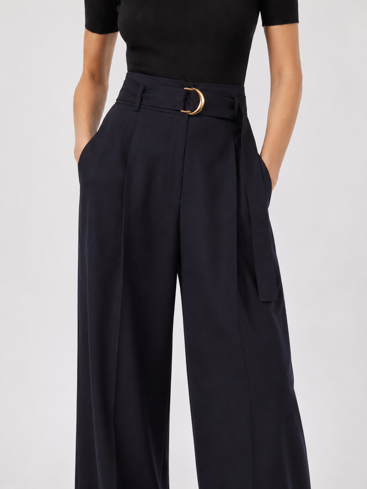 Pantalone wide leg a vita alta in lana