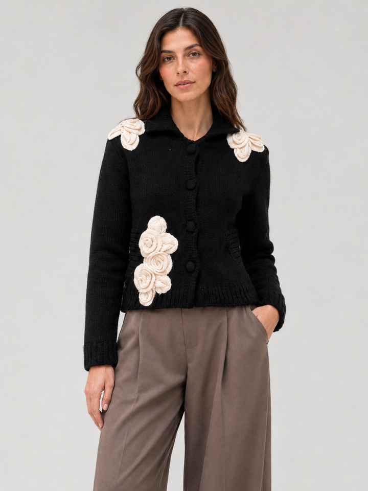 Cardigan Nero con Applicazioni Floreali