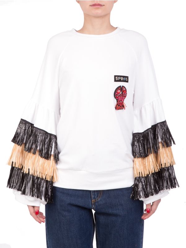 FELPA SWEATSHIRT RAFFIA IN COTONE GIROCOLLO CON FRANGE IN RAFFIA