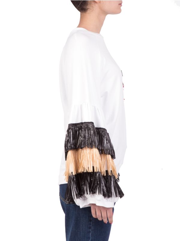 FELPA SWEATSHIRT RAFFIA IN COTONE GIROCOLLO CON FRANGE IN RAFFIA