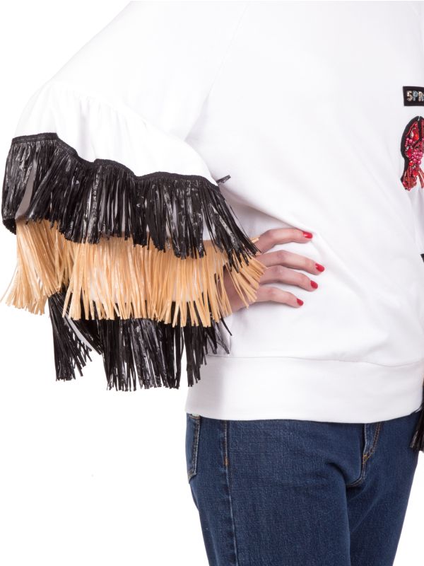 FELPA SWEATSHIRT RAFFIA IN COTONE GIROCOLLO CON FRANGE IN RAFFIA
