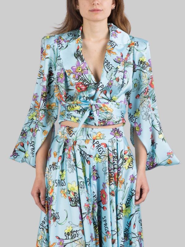 GIACCA CORTA IN TWILL A FANTASIA FLOREALE CON NODO IN VITA