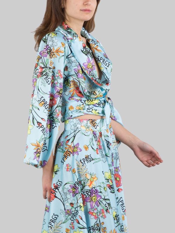 GIACCA CORTA IN TWILL A FANTASIA FLOREALE CON NODO IN VITA
