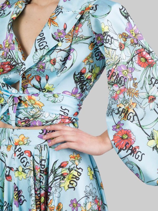 GIACCA CORTA IN TWILL A FANTASIA FLOREALE CON NODO IN VITA