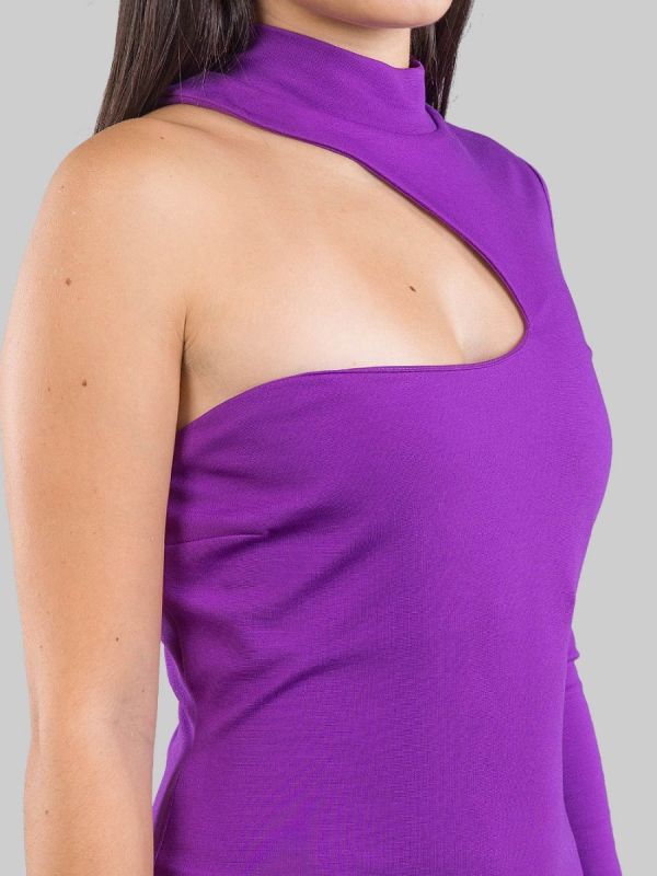 MINI ABITO MONOSPALLA VIOLA IRIS IN TESSUTO ELASTICIZZATO