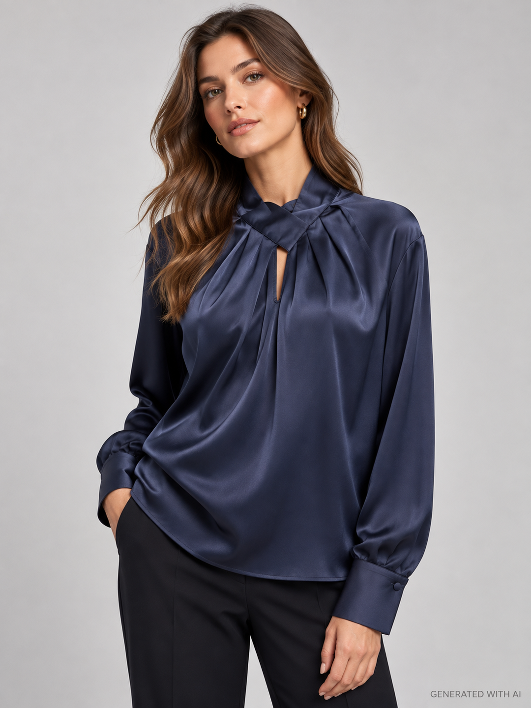 Camicia satinata blu navy con collo intrecciato