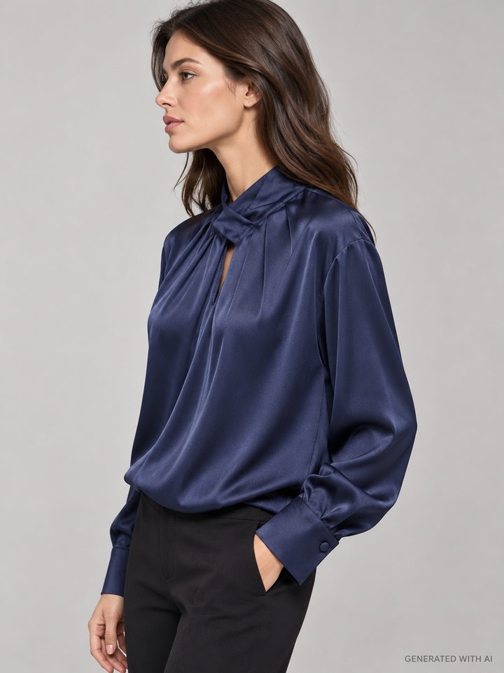 Camicia satinata blu navy con collo intrecciato