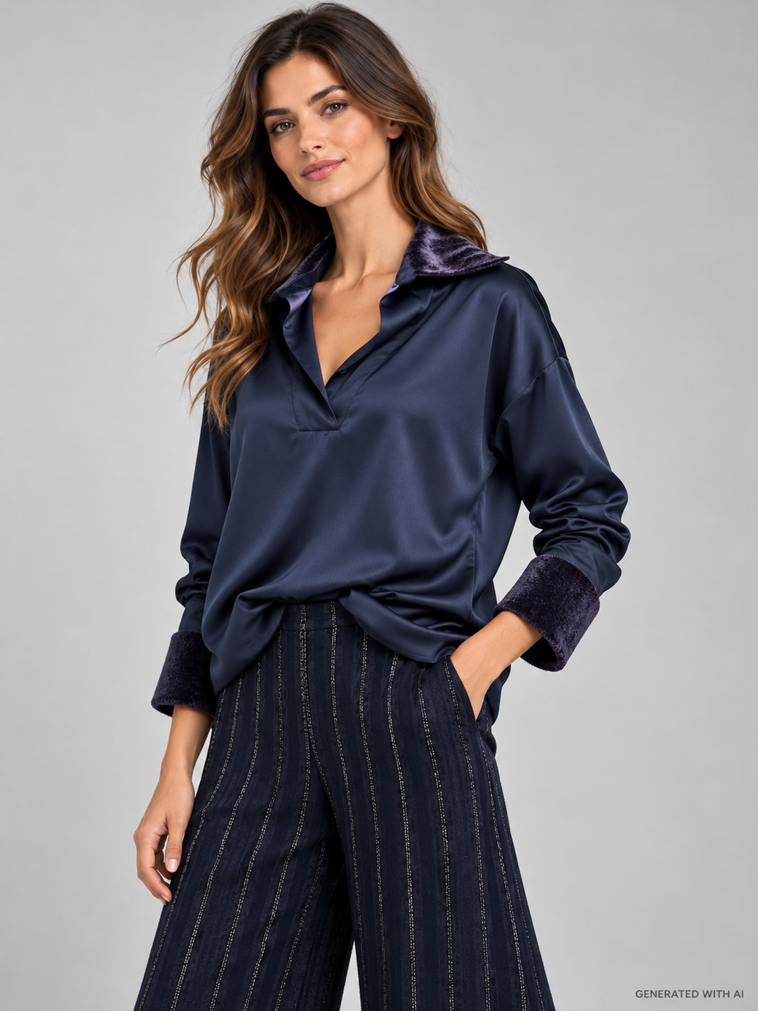 Camicia satinata con dettagli in velluto