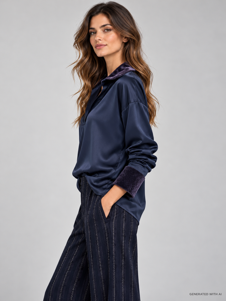 Camicia satinata con dettagli in velluto