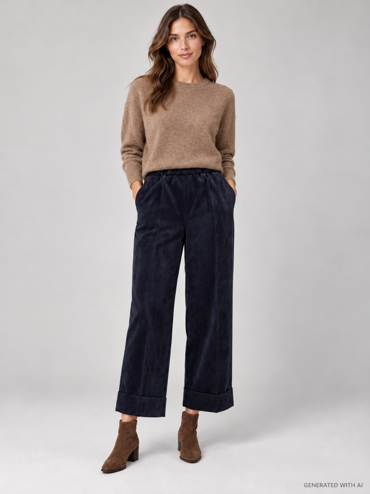 Pantaloni Cropped in Velluto a Coste Blu Navy