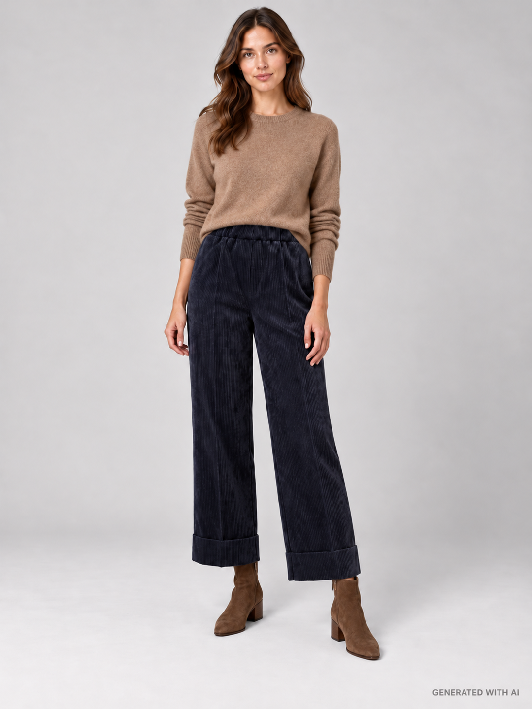 Pantaloni Cropped in Velluto a Coste Blu Navy