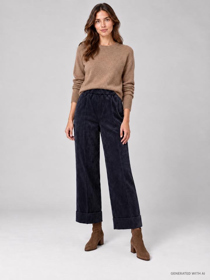 Pantaloni Cropped in Velluto a Coste Blu Navy