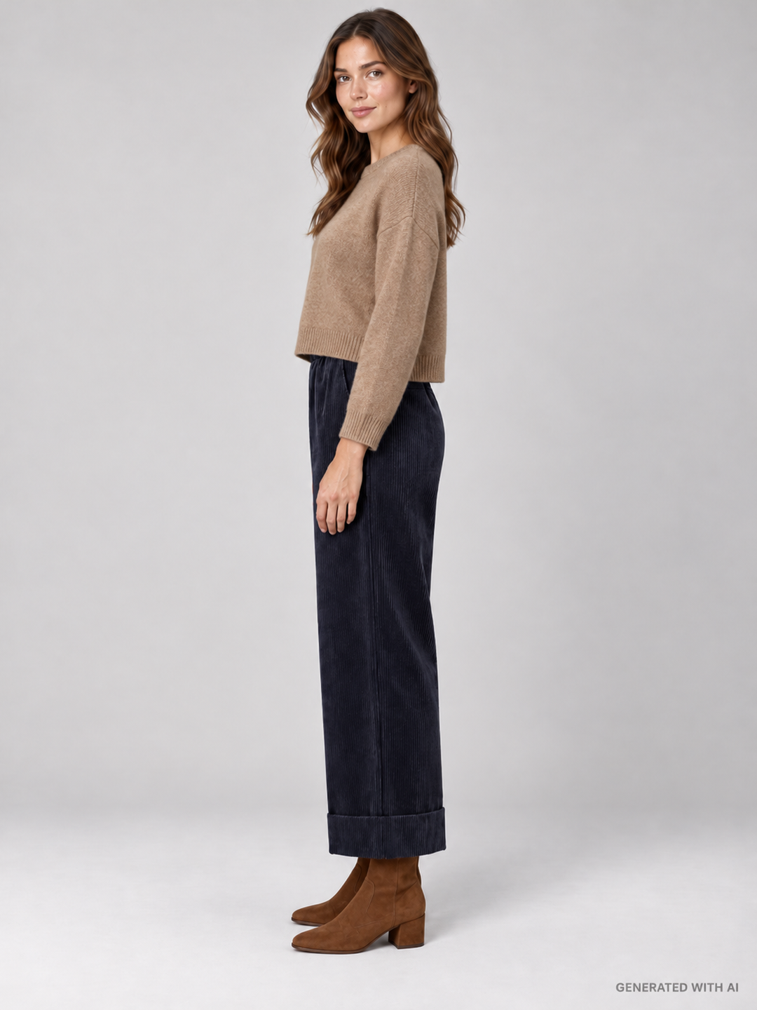 Pantaloni Cropped in Velluto a Coste Blu Navy