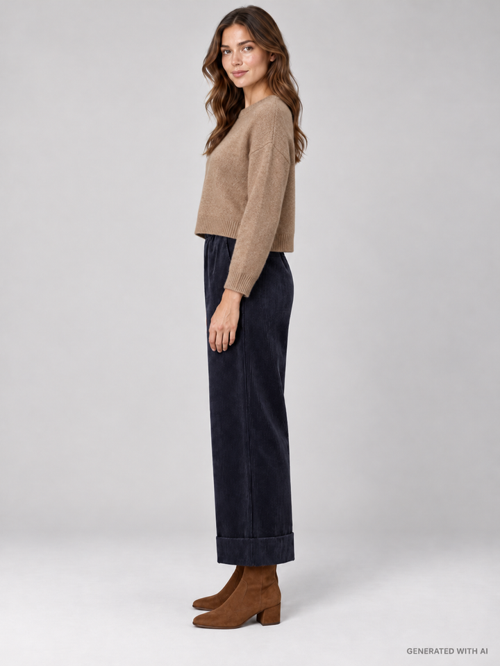 Pantaloni Cropped in Velluto a Coste Blu Navy