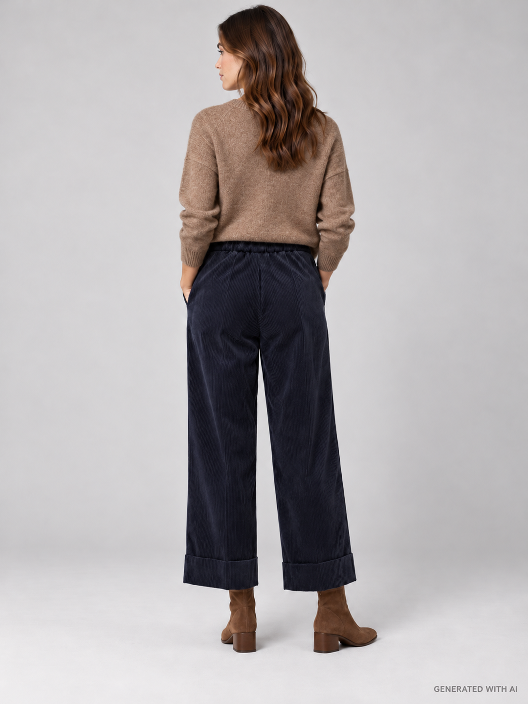 Pantaloni Cropped in Velluto a Coste Blu Navy