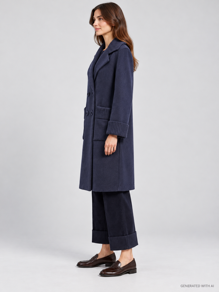 Cappotto Doppiopetto in Lana Merinos e Cashmere Blu
