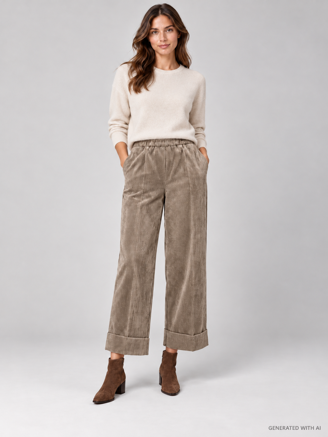 Pantaloni Cropped in Velluto a Coste Castoro