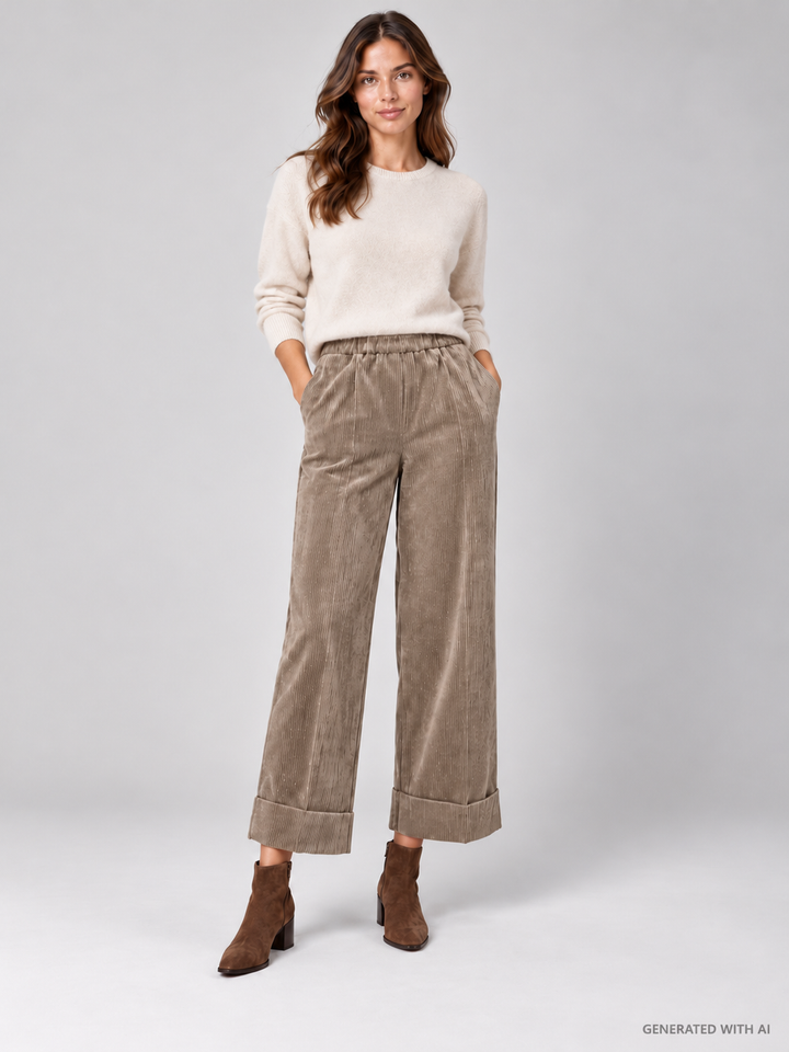 Pantaloni Cropped in Velluto a Coste Castoro