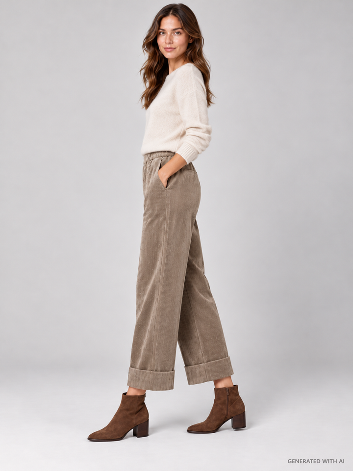 Pantaloni Cropped in Velluto a Coste Castoro