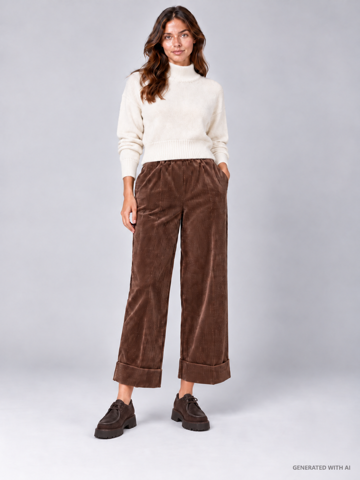 Pantaloni Cropped in Velluto a Coste Cioccolato