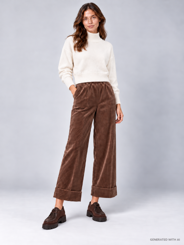 Pantaloni Cropped in Velluto a Coste Cioccolato