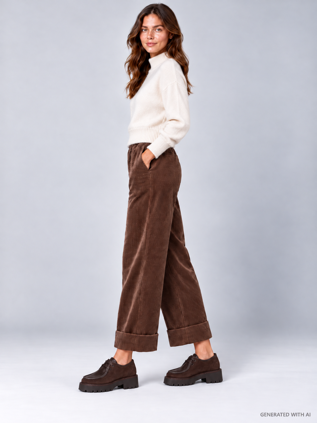 Pantaloni Cropped in Velluto a Coste Cioccolato