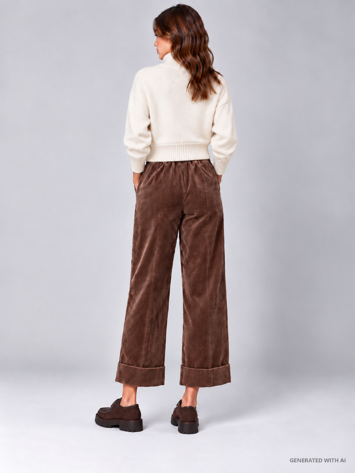 Pantaloni Cropped in Velluto a Coste Cioccolato