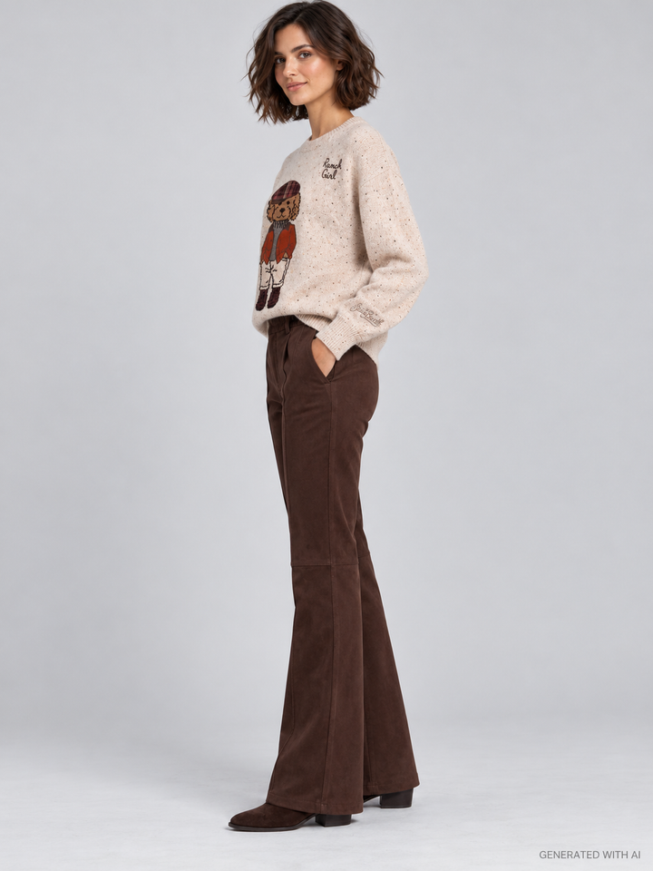 Pantaloni Flare Effetto Camoscio Marrone Cioccolato