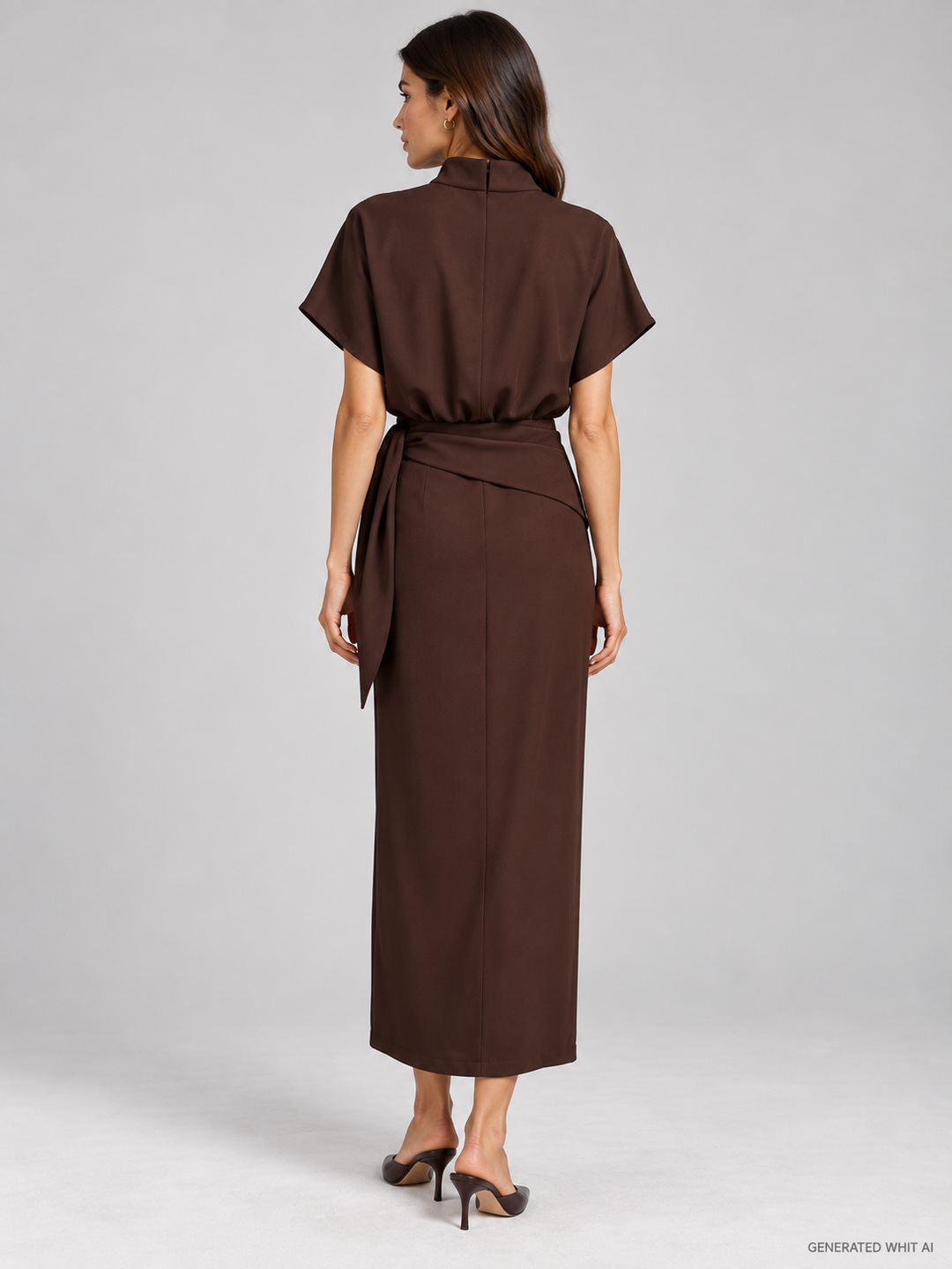Abito midi marrone con drappeggio e dettaglio ad anello