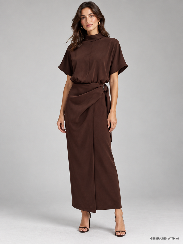 Abito midi marrone con drappeggio e dettaglio ad anello