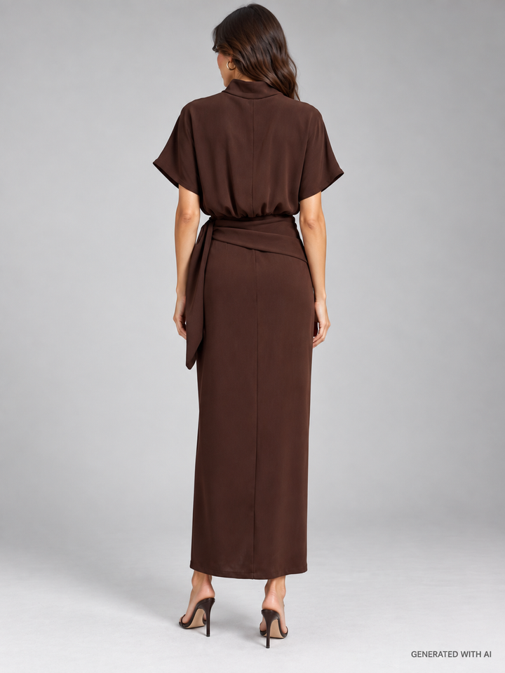 Abito midi marrone con drappeggio e dettaglio ad anello