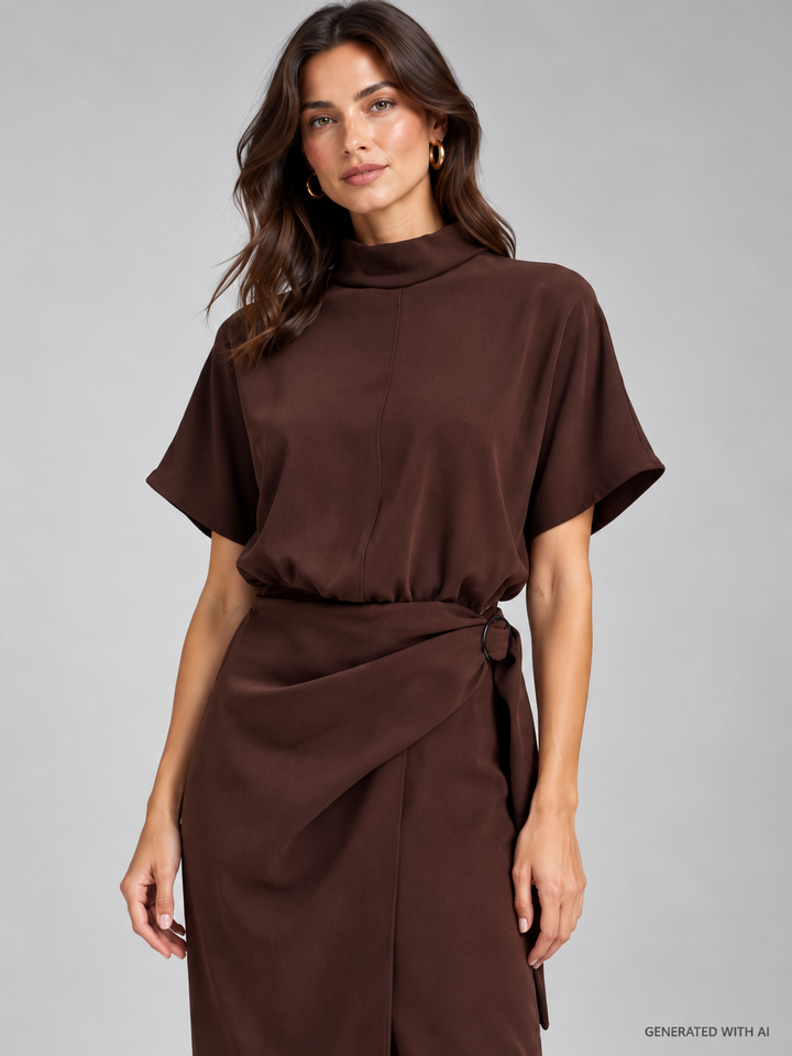 Abito midi marrone con drappeggio e dettaglio ad anello