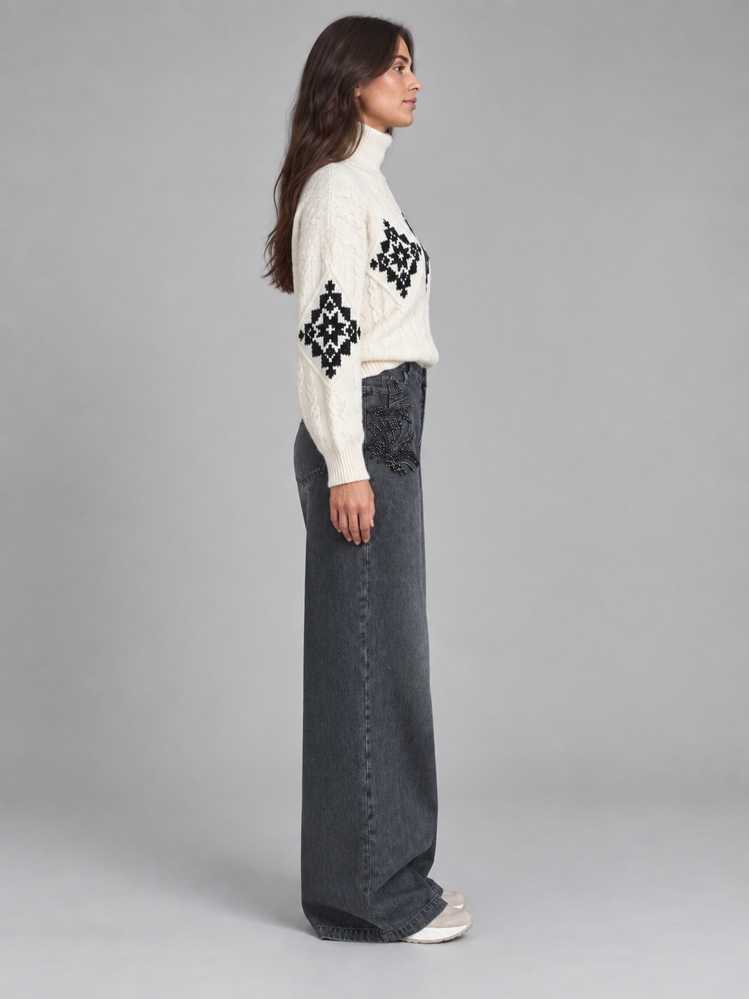 Jeans Wide Leg con Ricamo Gioiello