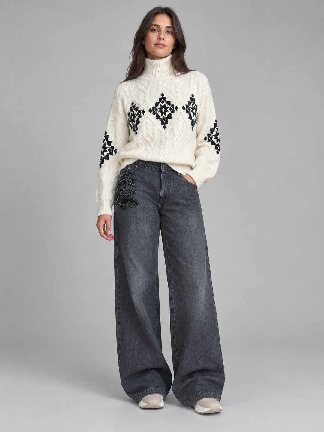 Jeans Wide Leg con Ricamo Gioiello