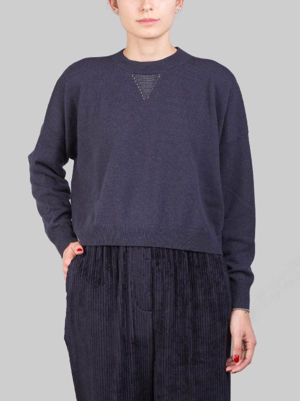 SHORT CREW NECK SWEATER IN NATURAL YARN WITH LIGHT POINTS IN BLUE
